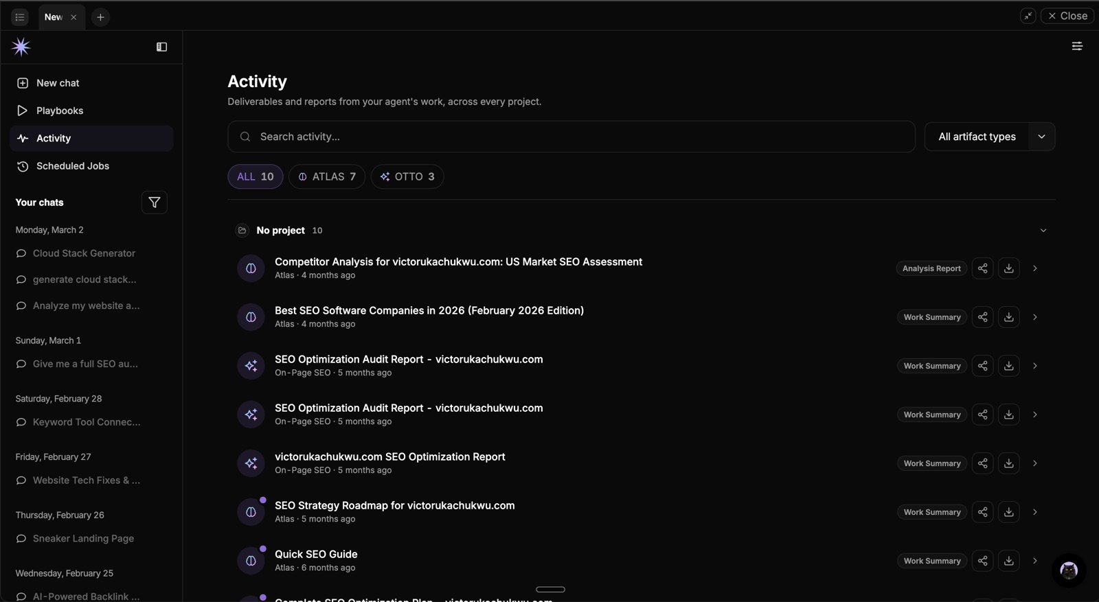 Atlas Agent activity feed showing analysis reports and work summaries generated for a domain