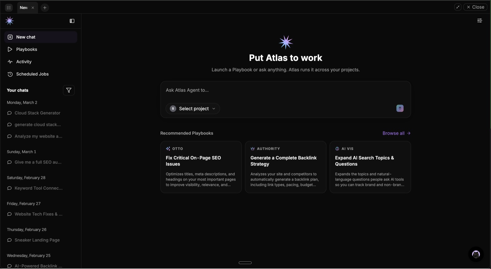 Atlas Agent home screen showing recommended playbooks for on-page SEO, backlink strategy, and AI search visibility