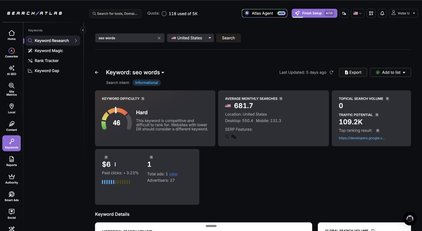 Keyword Explorer detail page for a single keyword showing difficulty score, search intent, monthly searches, and paid click data