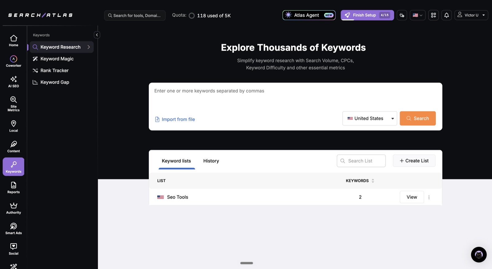 Keyword Explorer research screen with a saved keyword list and search input