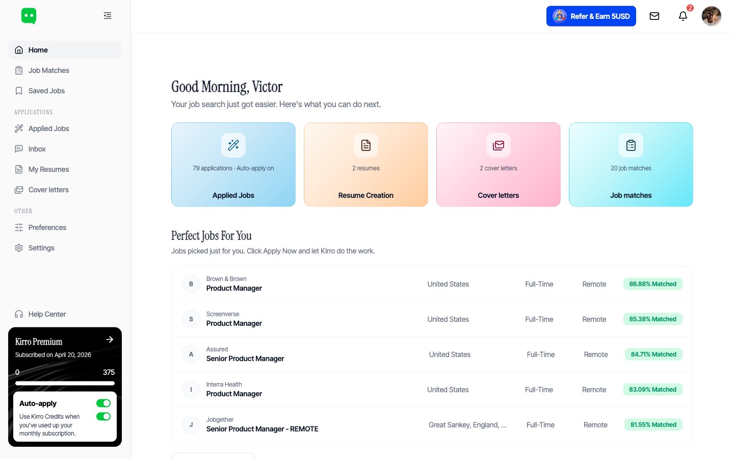 Kirro dashboard showing personalized job matches and auto-apply status
