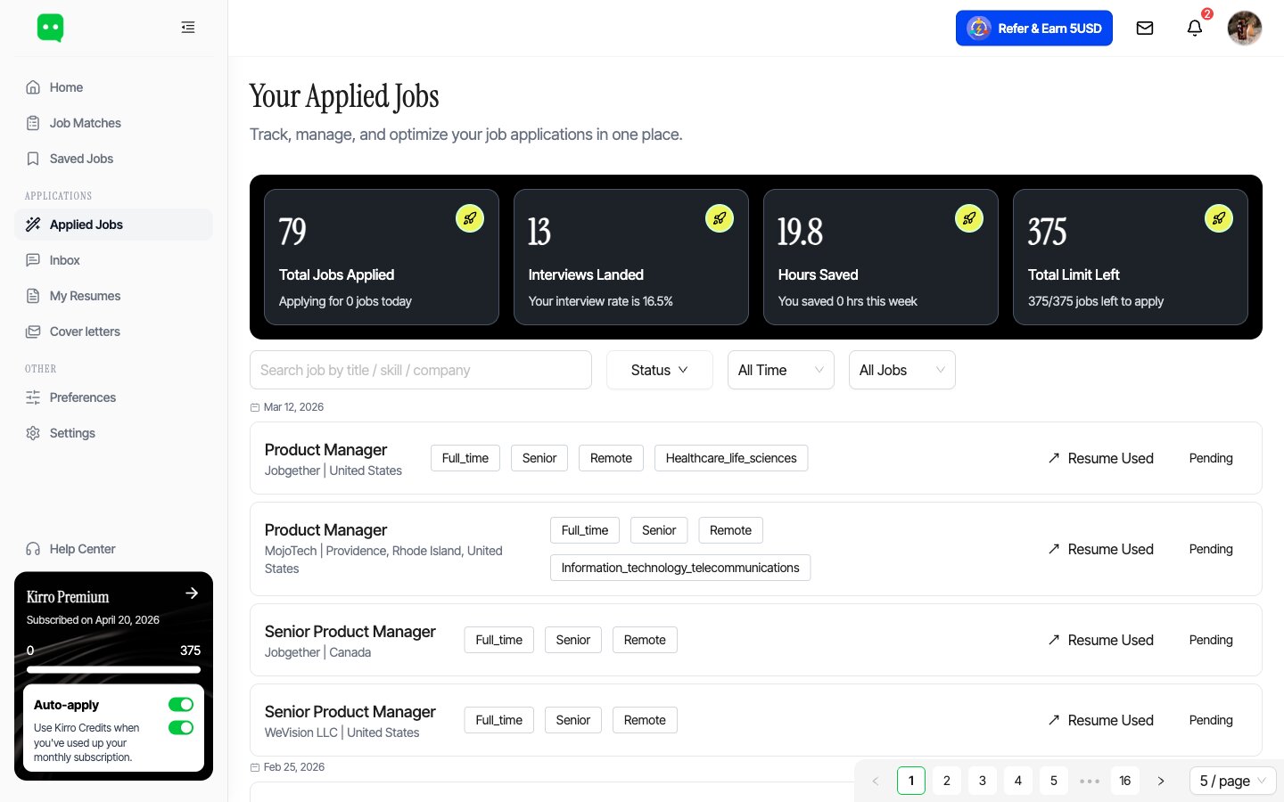 Kirro applied jobs screen showing 79 applications, 13 interviews, 19.8 hours saved