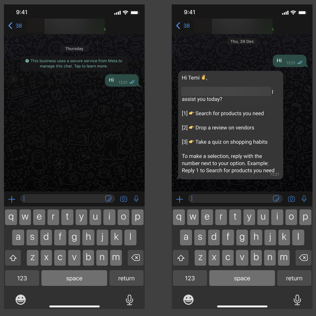 WhatsApp bot welcome message offering to search for products, drop a review, or take a shopping habits quiz