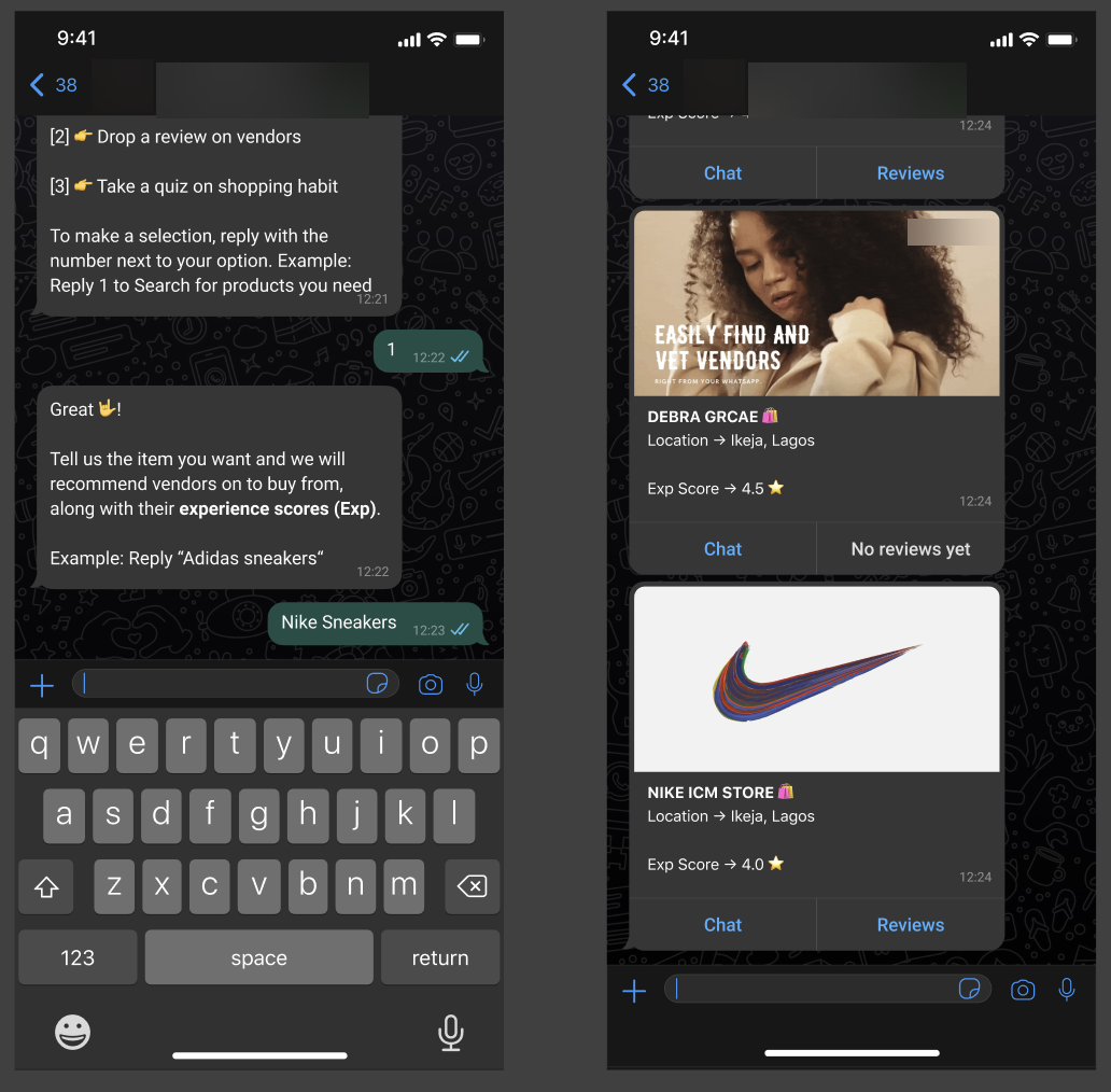 Bot recommending two vendors for Nike sneakers with their Exp Scores and chat or reviews options