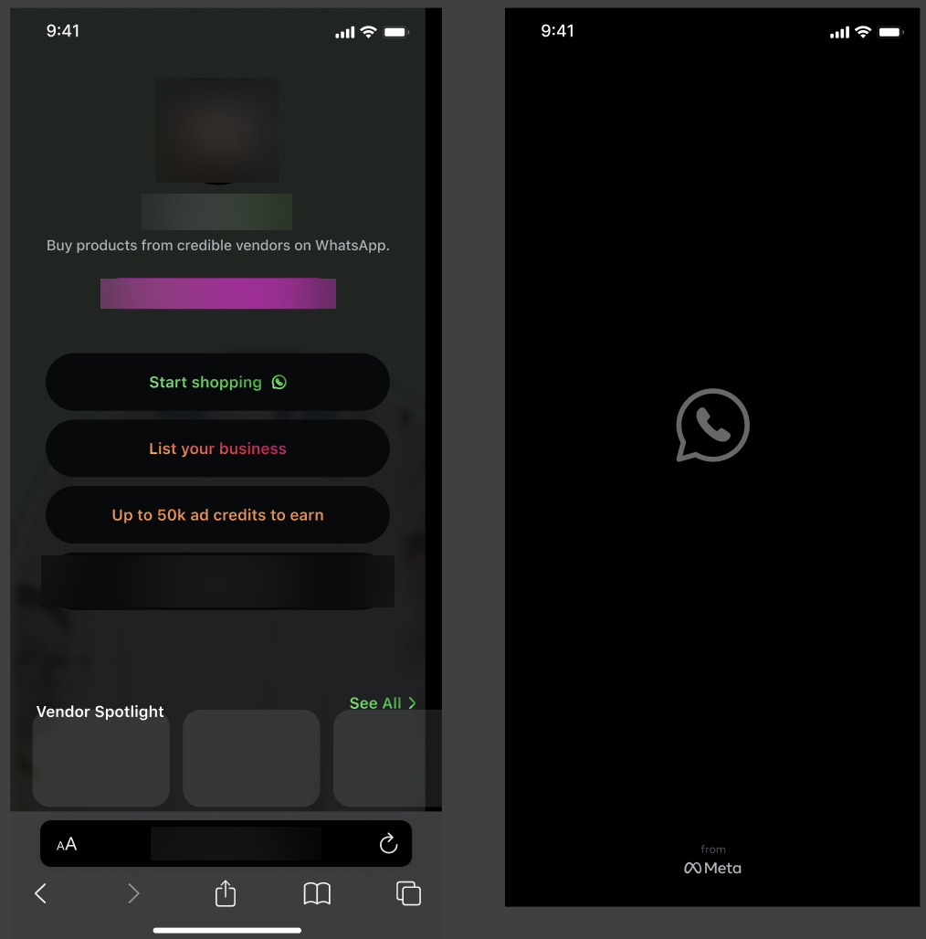 Landing page with Start Shopping and List Your Business entry points, and a WhatsApp launch screen