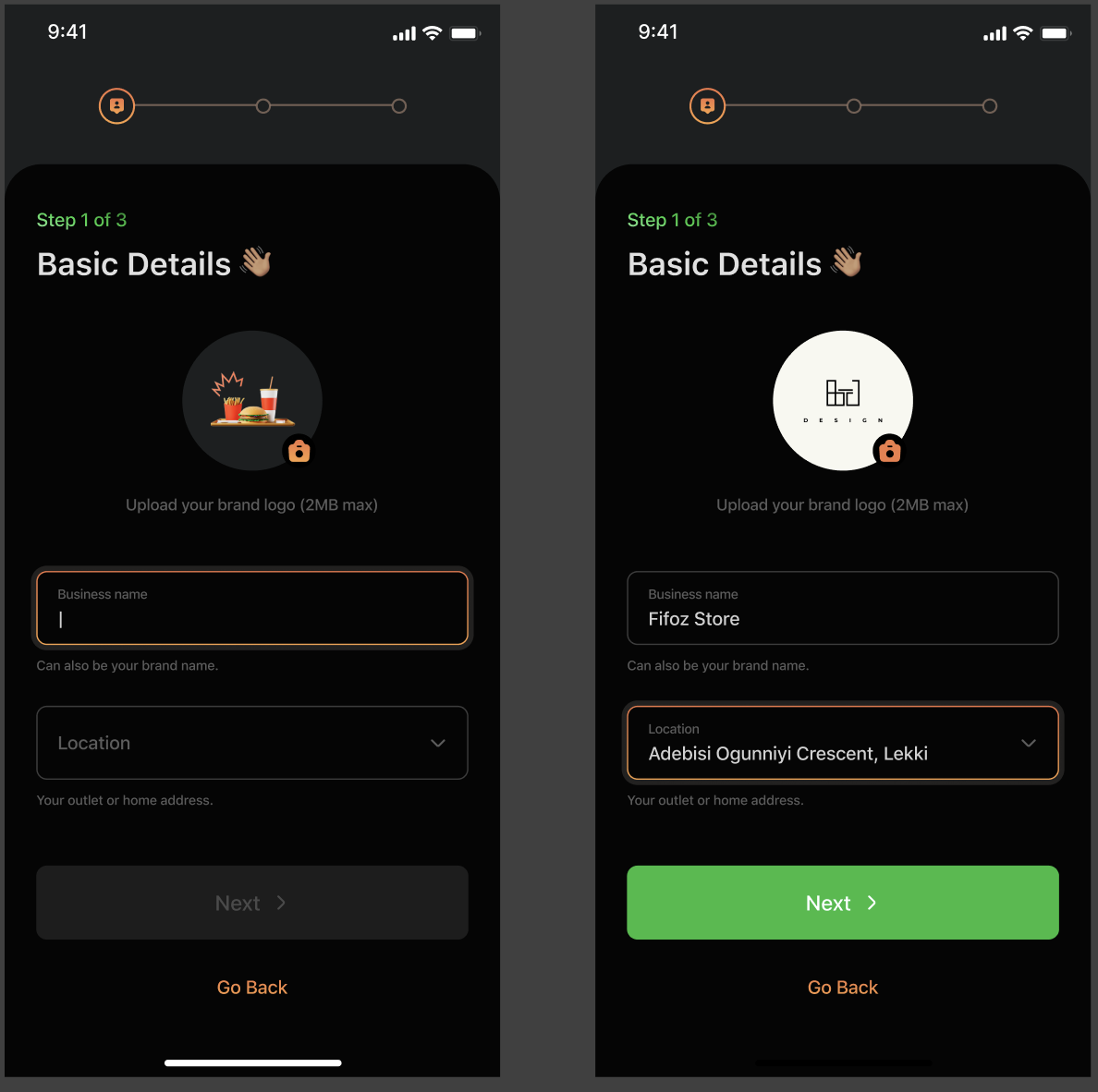 Vendor onboarding step 1, basic details, business name and location