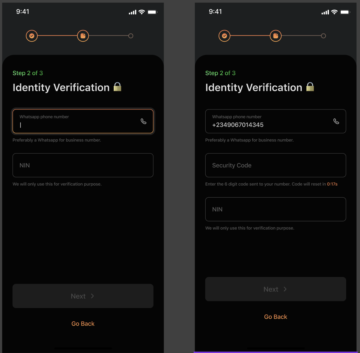 Identity verification step asking for a WhatsApp Business number and national ID