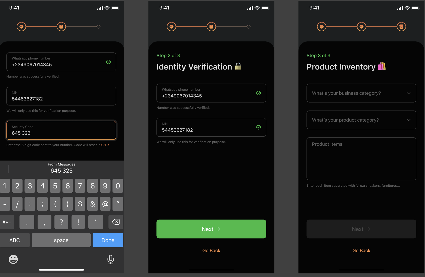 Onboarding showing OTP entry, verified identity, and step 3 product inventory with business and product category