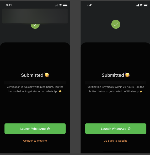 Onboarding submitted confirmation with a Launch WhatsApp button and a WhatsApp notification about a 24-hour review window