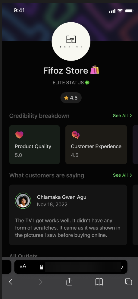 Fifoz Store vendor profile with Elite Status, a 4.5 rating, product quality and customer experience scores, and a real customer review