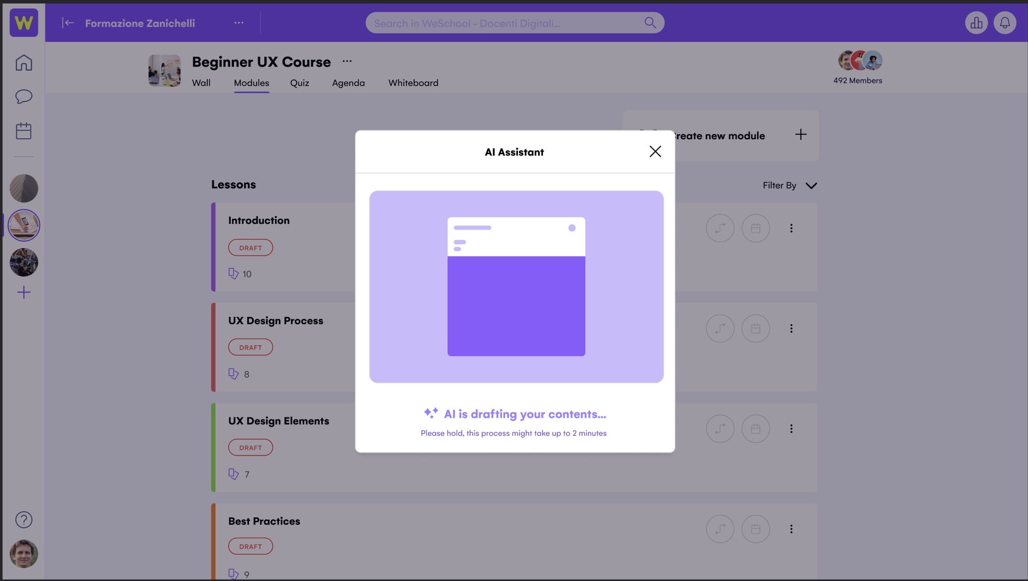 WeSchool AI Assistant modal showing 'AI is drafting your contents, please hold, this process might take up to 2 minutes'