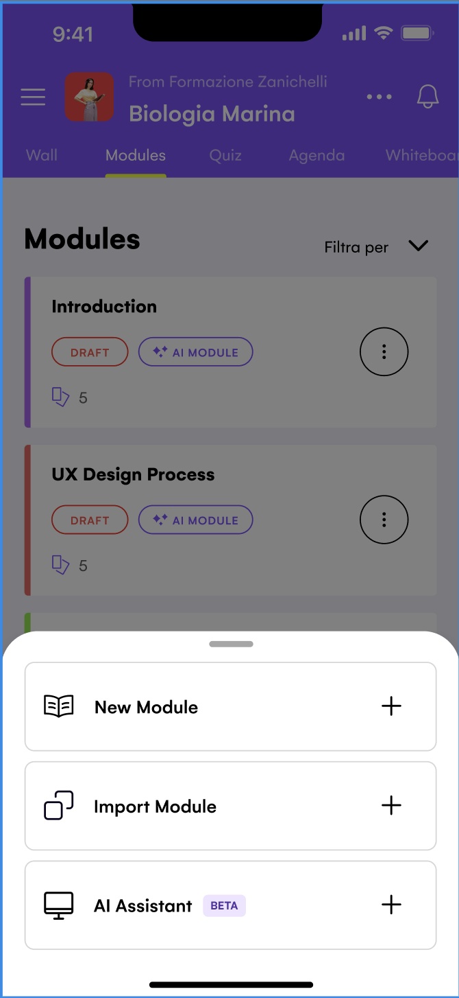 WeSchool mobile app module sheet with New Module, Import Module, and AI Assistant options