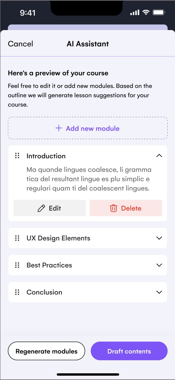 WeSchool mobile AI Assistant showing a generated course preview with expandable modules