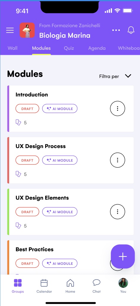 WeSchool mobile app Modules list with four AI-generated modules marked DRAFT and AI MODULE