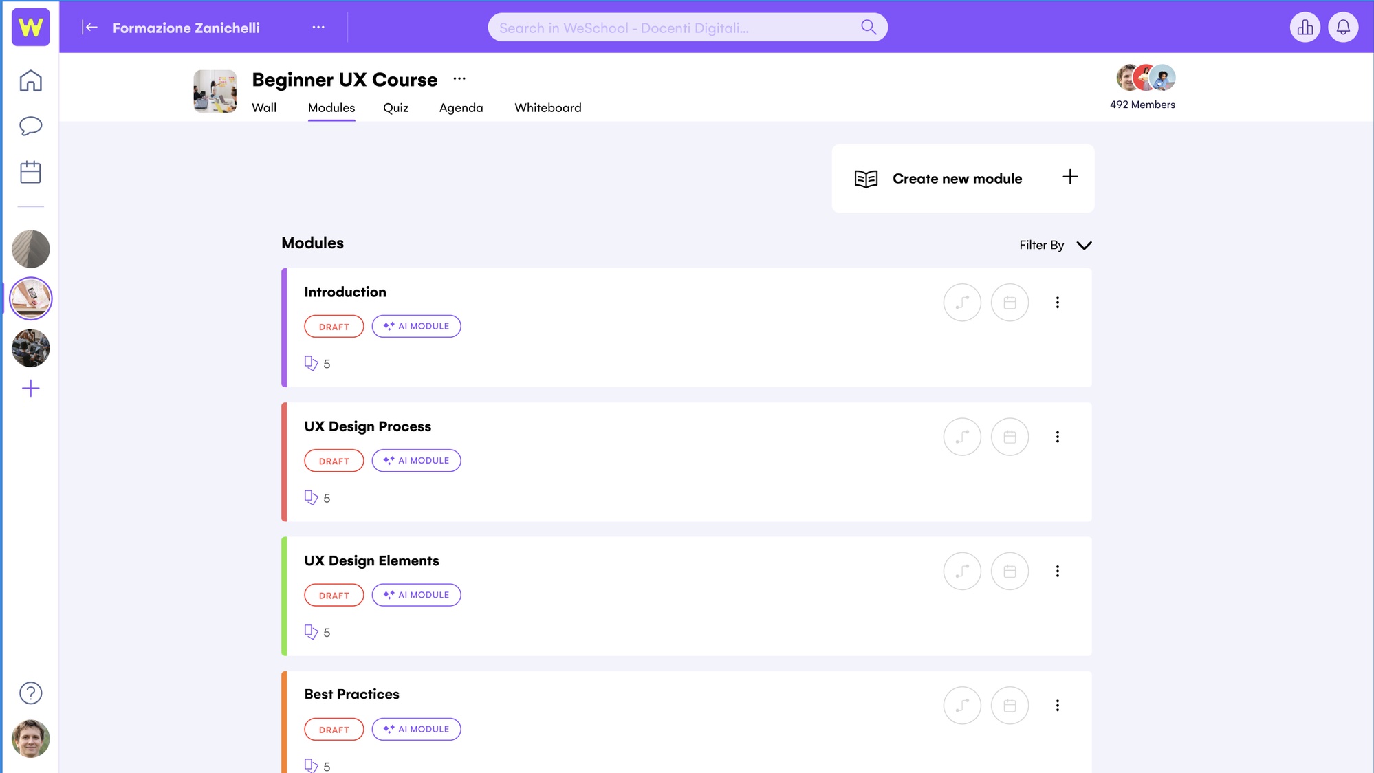 WeSchool Modules screen showing four AI-generated modules, each marked DRAFT and AI MODULE with five lessons